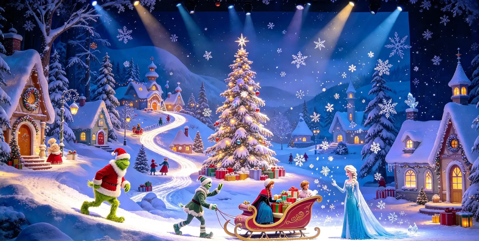Snowy stage set with a glowing Christmas tree and characters around a sleigh