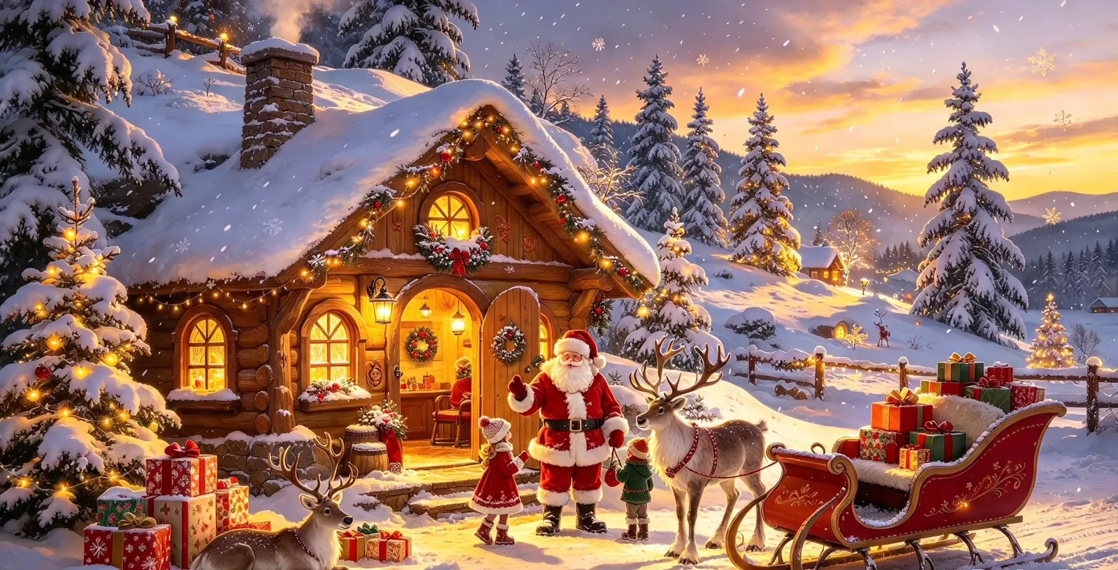 Santa greeting two children outside a snowy log cabin with a reindeer and sleigh