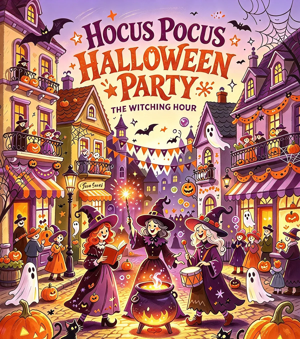 Illustrated witches stirring a glowing cauldron on a pumpkin-lined street